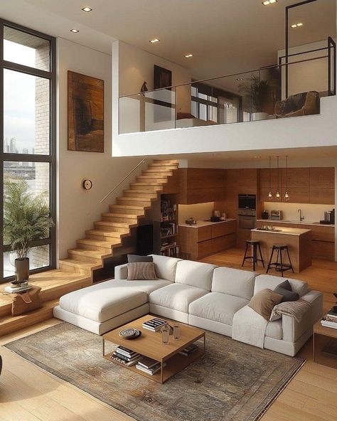 Loft Second Floor Ideas, High Ceiling Living Room Small House, Interior Ideas For Living Room, Loft In Living Room, 2 Floor Apartment, Mezzanine House Design, Mezzanine Stairs, Living Room Designs India, Loft House Design