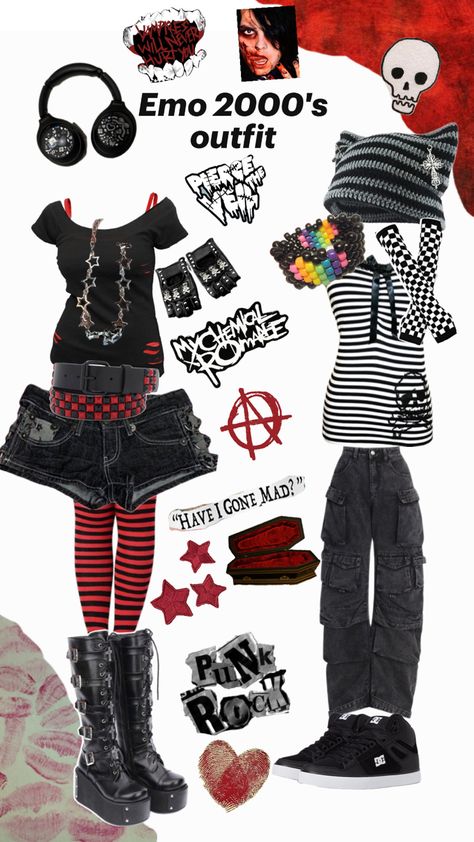 Band tees were a must-have, featuring favorite emo or punk rock bands. Tight-fitting shirts in black or dark colors were also popular, sometimes with graphic prints or ripped but for girls they might wear a mini skirt or ruffled dress in black or dark colors. My Chemical Romance Outfit Concert, 00s Emo Fashion, Red And Black Scene Outfit, Red Scene Outfits, My Chemical Romance Concert Outfit, My Chemical Romance Outfits, 2010s Emo, Alt Outfits Aesthetic, Fishnets Outfit