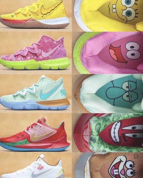 Nike enlisted Nickelodeon’s SpongeBob SquarePants for another tv-themed collection, including the Nike Kyrie 5 “SpongeBob”. This is Kyrie’s second tv-themed collaboration, the first being a tribute to the sitcom “Friends”. This collection consists of three Kyrie 5 models and two Kyrie Low 2s. All of SpongeBob’s main cast (SpongeBob, Patrick, Squidward, Mr. Krabs, and Sandy) is accounted for in the colorways and design inspiration for this collection. Spongebob Basketball, Kyrie 5 Spongebob, Zapatillas Nike Basketball, Bb Shoes, Nike Kyrie 5, Girls Basketball Shoes, Kyrie 5, Mr Krabs, Spongebob Patrick