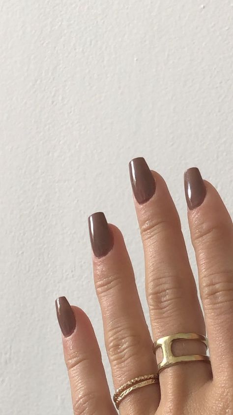 Simple Solid Color Nail Ideas, Dusky Skin Nail Polish, Autumn Nails Squoval, Solid Colour Nail Ideas, Light Brown Nails Acrylic, Brown Coffin Acrylic Nails, Brown Nails Coffin, Plain Colour Nails, Highlight Nails