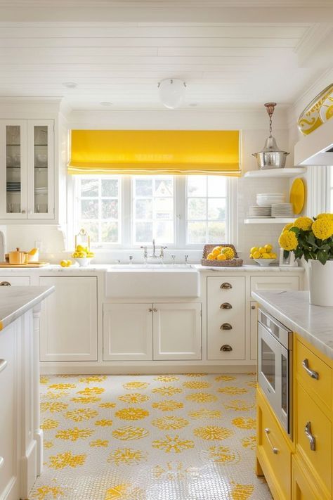 Yellow Kitchen Tile, Yellow Kitchen Island, Neat Kitchen Ideas, Lemon Kitchen Decor Ideas, Yellow Kitchen Tiles, Creative Kitchen Design, Yellow Rooms, House Collage, Citrus Kitchen