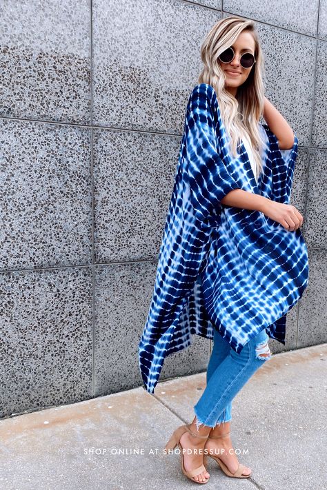 Tie Dye Kimono Outfit, Kimono With Shorts, Blue Long-sleeve Kimono For Summer, Long Shirt Outfits, Casual Tie-dye Kimono For The Beach, Tie-dye Kimono With Kimono Sleeves For Festivals, Wide Leg Outfit, African Tops For Women, Festival Tie-dye Kimono