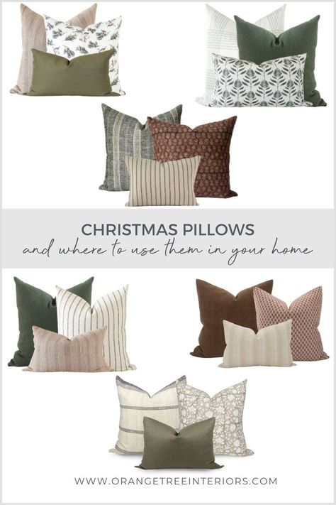 Christmas pillows, red pillows, green pillows, beige pillows, white pillows Coastal Style Furniture, Pillow Combinations, Elf On The Shelf Arrival, Farmhouse Living Room Decor Ideas, Pillow Combos, Classic Christmas Decorations, Christmas Decorating Ideas, Interior Decorating Tips, Unique Christmas Decorations