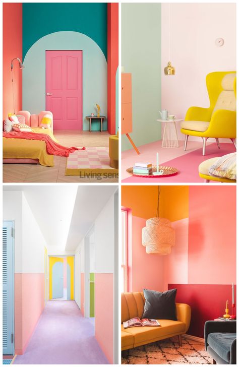 Colorful Minimalism Aesthetic, Color Block Decor, Bright Scandinavian Interior, Room With Different Colored Walls, Colorful Walls Bedroom, Dopamine Interior Design, Colourful Minimalist Decor, Fun Living Room Colors, Colorful Stairway