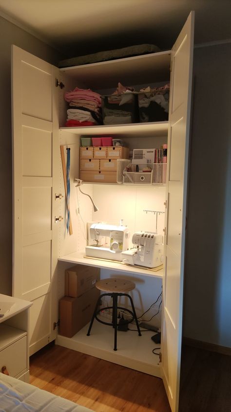 Pax Sewing Cabinet Sewing Machine Storage Cabinet, Sewing Machine Shelf, Apartment Sewing Space, Hideaway Sewing Station, Sewing Desk In Bedroom, Compact Sewing Station, Sewing Machine Desk Ideas, Sewing Cabinet Diy, Small Studio Organization Ideas