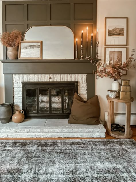 Layered Fireplace Mantel, Large Stone Fireplace Decor, Romantic Boho Decor, Electric Fireplace Mantle Decor, Mantel Art Ideas, Styling A Fireplace Hearth, Candles On Fireplace Mantle, Tall Fireplace Decor, Sides Of Fireplace Ideas