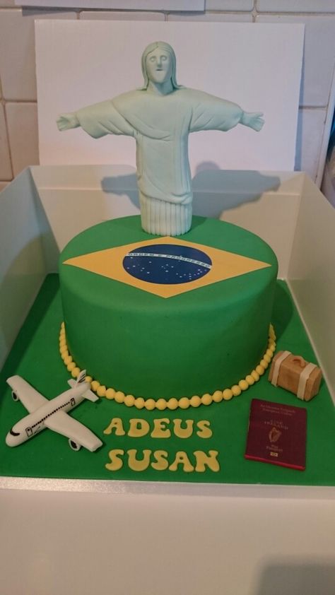 Brazil themed cake with edible Christ the redeemer Brazil Theme Cake, Brazil Themed Party, Card Party, Christ The Redeemer, Green Cards, France Paris, Love Cake, Fancy Cakes, Pretty Cakes