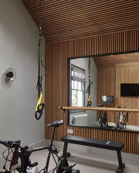 🥊 Couldn't get the punching bag in time for the photo shoot of this home-gym, but it now hangs in the right corner, next to the ballet… | Instagram Gym Makeover Ideas, Barre Home Gym, Home Gym Feature Wall, Home Gym With Punching Bag, Attic Home Gym, Home Gym Punching Bag, Closet Gym Ideas, Home Barre Studio, Slat Wall Gym