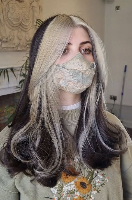 Dark Brown White Hair, Half Platinum Half Brown Hair, Black And Pastel Hair, Half Silver Hair, Partly Bleached Hair, Black And Blonde Hairstyles, Mechas Color Beige, Brown Hair With White Highlights, Black And White Hairstyles