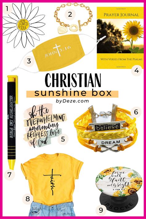 Yellow Sunshine Gift Ideas, Encouragement Box Ideas, Yellow Birthday Gift Ideas, Sunshine Box Ideas, Sunshine Gift Basket, Christian Gift Baskets, Encouragement Box, Christian Gifts Diy, Sunshine Box