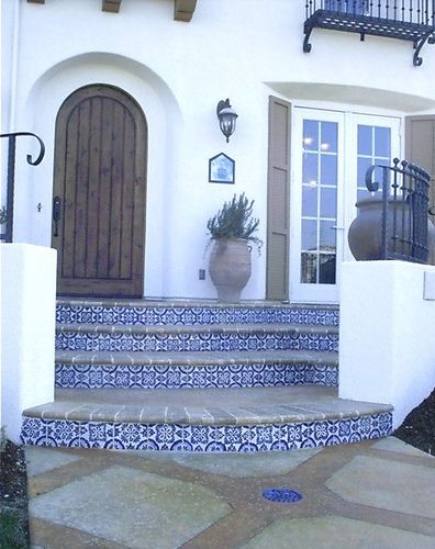 Mexican Talavera tile stairway | by latin accents Spanish Colonial Tile, Mexican Tile Stairs, White Stair Risers, Modern Mexican Home, Tiled Staircase, Hillside Village, Hacienda Style Homes, Mexico House, Tile Stairs