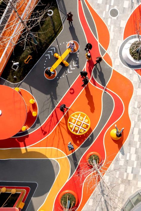 MAGMA FLOW - 100architects 100 Architects, Kids Outdoor Spaces, Urban Playground, Playground Flooring, Urban Intervention, The Floor Is Lava, Outdoor Space Design, Kindergarten Design, Floor Murals