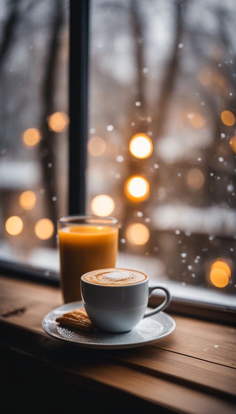 A coffee and a lemon juice on a snowy morning - AI creation Snow Morning, Snowy Morning, Peaceful Moments, Coffee Pictures, Pride Flags, Lemon Juice, A Coffee, Morning Coffee, Breakfast Brunch