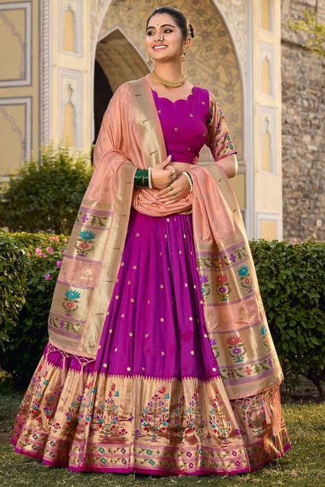 Magenta Paithani Jacquard Silk Lehenga Choli Engagement Half Saree, Reception Lehenga Bridal, Paithani Lehenga, Mehendi Dress, Silk Blouse Work, Plus Size Lehenga, Wedding Mehendi, Saree Model, Bridal Lehenga Online