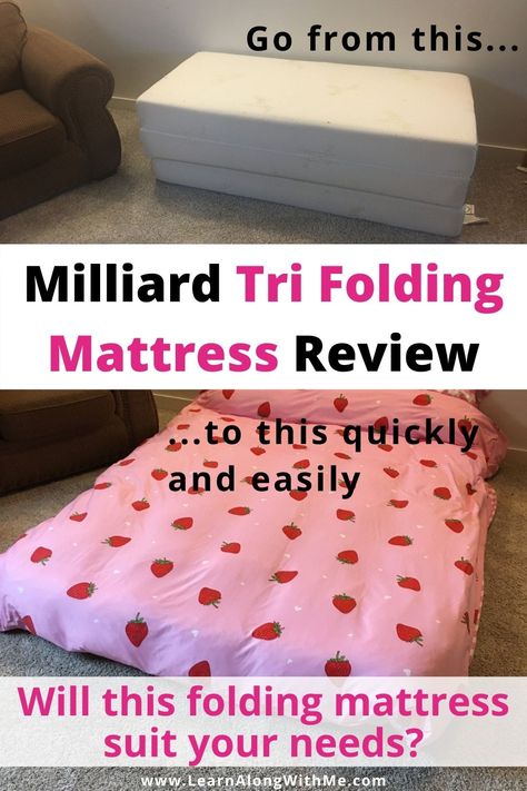 Showing a the Milliard 6 inch memory foam tri fold mattress all folded up, and then shows a picture of it spread out on the floor, covered in bedding and ready to be used by guests.  If you're thinking of getting a folding mattress, read this for more details. How To Make A Mattress, Diy Folding Mattress, Air Mattress Hacks, Mattress Stand, Diy Mattress, Japanese Floor Mattress, Fold Out Beds, Small Bedroom Storage, Storage Solutions Bedroom