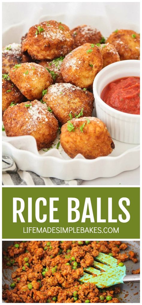 Sicilian Arancini are deliciously plump stuffed rice balls filled with meat and peas and deep fried. They make perfect party treats. #riceballs #stuffedriceballs #appetizers #italianriceballs #rice Italian Rice Balls Recipe With Meat, Rice Balls With Ground Beef, Sicilian Rice Balls, Deep Fried Rice Balls, Fried Rice Balls Italian, Fried Rice Balls Asian, Chinese Rice Balls, Mini Rice Balls, Rice Balls Recipe Easy