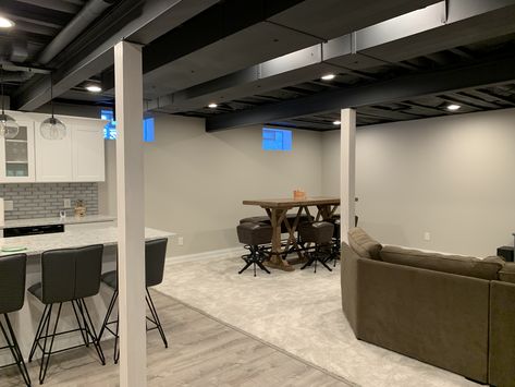 Dark Grey Basement Ceiling, Painting Exposed Basement Ceiling, Dark Grey Basement, Black Basement Ceiling, Grey Basement, Black Basement, Low Basement, Basement Wall Colors, Exposed Basement Ceiling