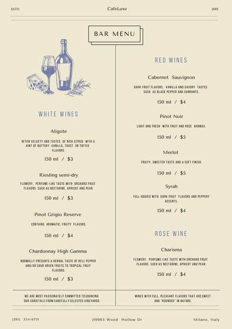 Get this and many other menu templates in VistaCreate. Customize, add your logo, change fonts and colors, add your pictures, and download for print in VistaCreate. Bar Menu Design, Sketch Menu, Classic Bar, Bar Menu, Nectarine, Riesling, Sweet Taste, Menu Template, Fruit Flavored