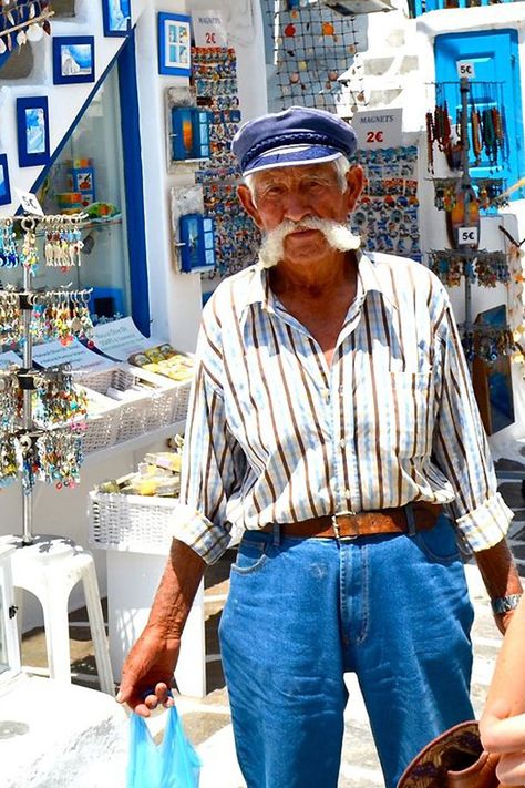 Santorini, Pappous goes shopping Fisherman Outfit, Coastal Grandpa, Greek Fisherman Hat, Grandpa Fashion, Santorini Blue, Greek Culture, Mens Outfit Inspiration, Santorini Greece, Men Fashion Casual Outfits