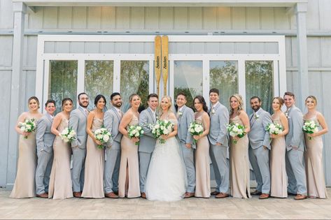 Taupe Wedding Colors Groomsmen, Light Gray And Champagne Wedding, Gray And Beige Wedding Colors, Light Blue And Champagne Bridesmaid Dresses, Light Gray Groomsmen Suits Color Schemes, Light Grey And Champagne Wedding, Grey Suit For Groomsmen, Champagne Bridesmaid Dresses With Blue Suits, Light Grey Groomsmen Suits Color Schemes