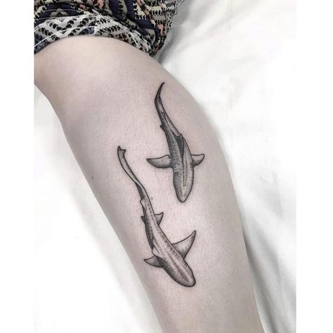 Thresher Shark Tattoo Ideas, White Tip Reef Shark Tattoo, 2 Sharks Tattoo, Shark Patchwork Tattoo, Shark Tattoo Wrist, Shark Shoulder Tattoo, Two Sharks Tattoo, Blue Shark Tattoo, Blacktip Shark Tattoo