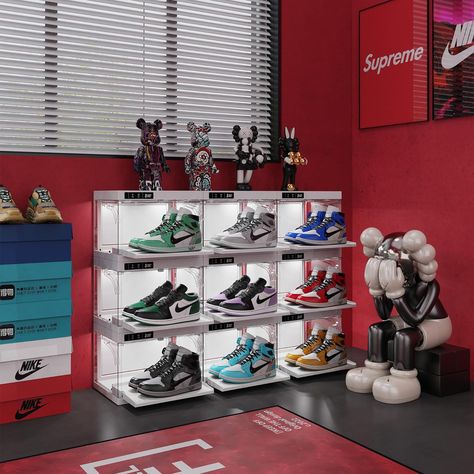 You can set up and arrange the boxes according to your collection to achieve the desired effect. The display case has LED lights on the top that are suitable for everyday display, we recommend using multiple combinations for better results. Small Shoe Collection, Sneaker Essentials, Shoe Display Case, Shoes Organizer, Shoe Storage Box, Sneaker Displays, Bookshelf Organization, Folding Sofa Bed, Shoe Rack Organization