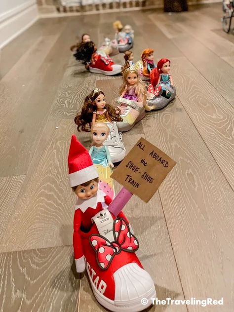 Elf On The Shelf Brings Slippers, Elf On Shelf Candy Ideas, Elf Shoe Train, Tricky Elf On The Shelf Ideas, Elf On The Shelf Shoe Train, Elf On A Shelf Candy Cane Ideas, Elf On The Shelf Ideas Magnatiles, Elf On The Shelf Shopping Cart, Scary Elf On The Shelf Ideas