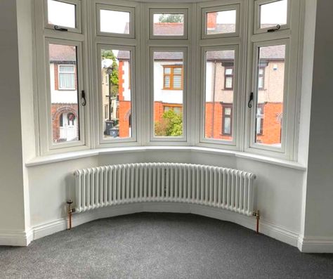 Bay Window Radiator, Bay Window Bedroom Ideas, Curved Bay Window, Window Radiator, Bay Window Bedroom, Column Radiator, Column Radiators, Bedroom Windows, Front Room