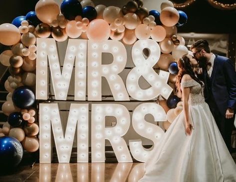 Mr & Mrs Marquee letters next to dance floor. These marquee letters will make a statement in your photos! Check us out at @alphalitbend on instagram to inquire/book head to our website. We provide the highest quality marquee letter rentals! Marquee Mr And Mrs, Love Marquee Letters With Balloons, Stacked Marquee Letters, Mr And Mrs Marquee Letters, Mrs Marquee Letters, Wedding Marquee, Marquee Sign, Rose Party, Private Wedding