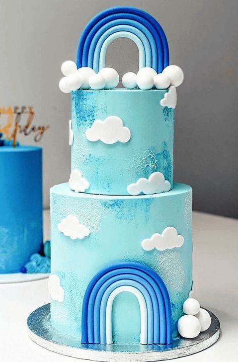 Blue Rainbow Cake, Blue Cake With Clouds, Rainbow Cake For Twins, Cloud And Rainbow Cake, Noah’s Ark Cake Ideas, Rainbow Birthday Cake, Cake Designs Images, Noah S Ark, Blue Rainbow