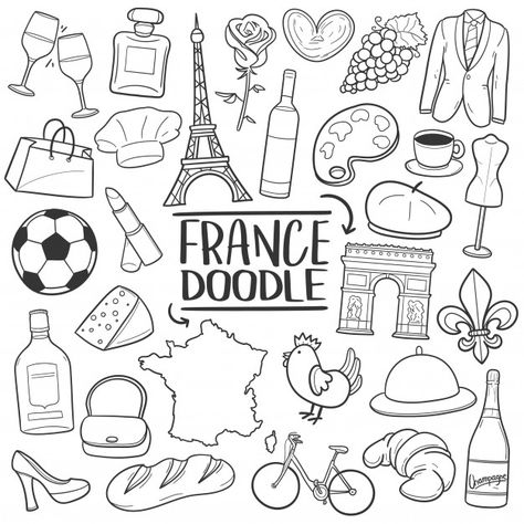 French Symbols, Travel Doodles, Doodle Icons, Cartoon Doodle, Doodle Icon, Travel Icon, Digital Coloring, Journal Doodles, Art Hand