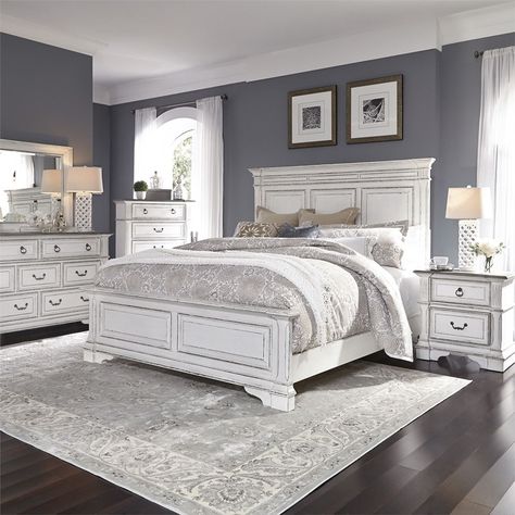 Abbey Park distressed white farmhouse style bedroom set. Elegant, rustic look. Queen or king size bed, dresser, mirror, night stand, tall chest, wardrobe/door chest available. Made by Liberty Furniture. Nice Bedroom, White Bedroom Set, Bedroom Minimalist, White Bed, White Bedroom Furniture, Furniture Shopping, Bedroom Panel, Liberty Furniture, Country Bedroom