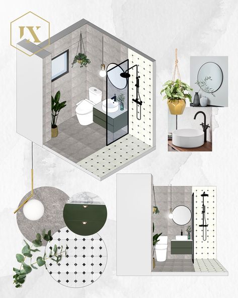 Here's a bathroom design proposal for our client incorporating distinct elements which blend entrancingly 🍃💡 Contact us today to give your home a facelift! Bathroom Design Architecture, Bathroom Rendering Design, Bathroom Interior Design Sketch, Interior Design Concepts Board, Bathroom Design Concept, Bathroom Concepts Design, Mood Board For Bathroom, Design Proposal Architecture, Interior Design Proposal Layout