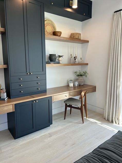 Built In Shelves With Standing Desk, Wall Built In With Desk, Bookshelves And Desk Wall, Dining Room With Desk Area, Desk Wall Unit Built Ins, Small Two Person Office, Nook Desk Ideas, Double Built In Desk, Built In Desk Bedroom