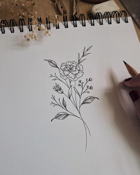 A marigold flower for all you October babies! 🌼 Feeling extra grateful today for the chance to draw and create special tattoo designs for my amazing clients. What started as a hobby has slowly turned into something more, and it’s been such an unexpected and fulfilling journey. Thank you for letting me bring your ideas to life. 💛 #finelinework #floralinspiration #finelineart #birthflower #birthflowertattoo #artistjourney #seracreates Marigold Small Tattoo, Marigold Wrap Around Tattoo, Marigold Flower Tattoo Fine Line, Marigold Hip Tattoo, October Tattoo Flower, Single Line Marigold Tattoo, October Floral Tattoo, Cosmos And Marigold Bouquet, Marigold Flowers Drawing