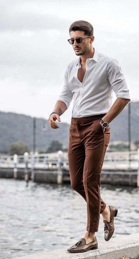 Mirko Outfit, Formals For Men, Men Shoes Aesthetic, Mens Formal Outfits, Mens Lookbook, Brown Pants Outfit, White Shirt Outfits, Pants Outfit Men, Mens Casual Outfits Summer