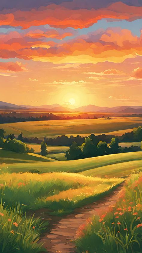 Anime Skies, Cartoon Sunset, Sunset Paintings, Anime Nature, Drawing Borders, Sunrise Scenery, Landscape Painting Tutorial, Landscape Inspiration, Landscape Sunset