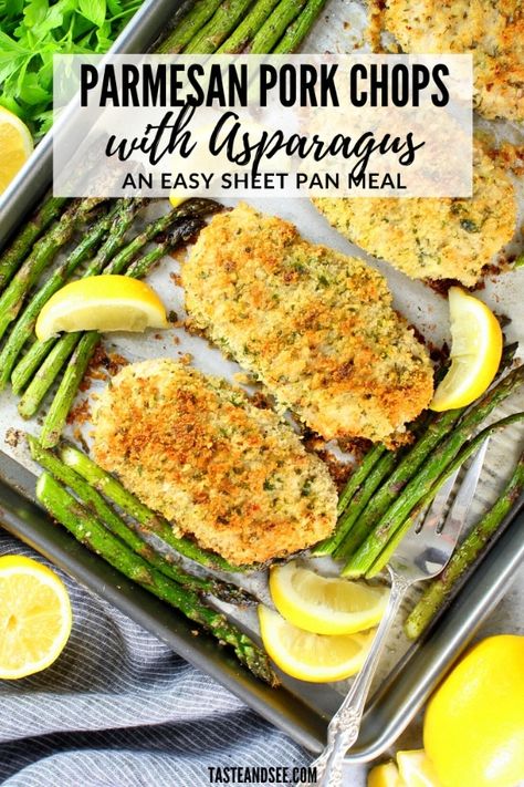 Pork Chop Asparagus Recipes, Pork Chops With Asparagus, Pork Chops And Asparagus, One Pan Pork Chops, Pork Crockpot, Parmesan Pork Chops, Pan Dishes, Italian Sandwich, Protein Pudding