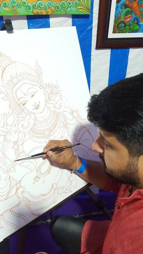 Swastik Mural Paintings, Mural Painting Kerala, Mural Tutorial, Mural Sketch, Sculpture Sketch, Painting Krishna, Kerala Art, Kerala Mural Art, Kerala Photography