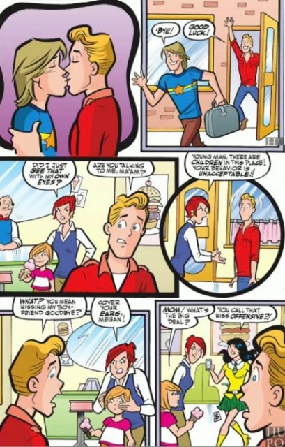 Archie Comics get first gay piss; pre-emptively take piss out of Million Moms' reaction by introducing The 12 Million Moms over-reacting throughout Riverdale. Lgbt Memes, Gay Comics, Gay Humor, Lgbt Rights, Famous Cartoons, Gay Memes, Lgbt Love, Archie Comics, First Kiss