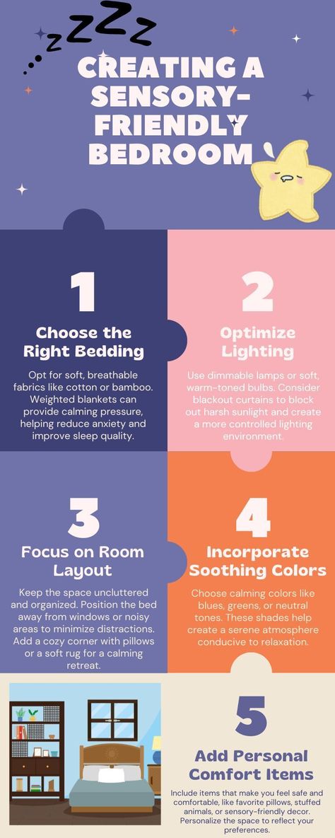 Your bedroom should be your sanctuary. Follow these tips to create a sensory-friendly space that promotes relaxation and restful sleep. Sensory Friendly Bedroom, Sensory Rest, Sensory Room Ideas For Adults, Sensory Bedroom, Sensory Friendly, Sensory Room, Adult Bedroom, Improve Sleep Quality, Calming Colors