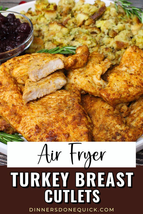 Say goodbye to dry turkey! These Air Fryer Turkey Breast Cutlets are perfectly seasoned, juicy, and ready in minutes. Perfect for a quick weeknight meal or a small Thanksgiving dinner, this recipe gives you tender, flavorful turkey. Serve with your favorite holiday sides like stuffing and cranberry sauce, and enjoy a healthier take on traditional turkey. Try it now and make turkey nights easier and tastier! #AirFryerRecipes #TurkeyRecipes #EasyThanksgiving #TurkeyCutlets #QuickDinner Air Fryer Turkey Chops, Fried Turkey Cutlets Recipe, Air Fryer Turkey Cutlets, Turkey Cutlets In Air Fryer, Turkey Breast Steak Recipes, Turkey Breast Cutlets Recipes, Turkey Breast Cutlet Recipes, Turkey Chops Recipe, Stuffed Scallops