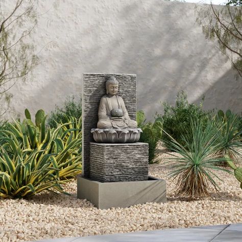 Eslick Resin Buddha with Pedestal Patio Fountain with LED Light Backyard Statues, Zen Garden Design Meditation Space, Outdoor Buddha Garden, Buddha Fountain, Japanese Garden Backyard, Buddha Statue Garden, Backyard Fountain, Buddha Wall Decor, Patio Fountain