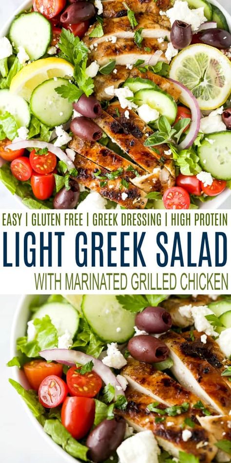 Light Easy Dinner, Simple Greek Salad, Homemade Greek Dressing, Greek Chicken Marinade, Tomato And Feta, Salad With Grilled Chicken, Modern Cooking, Mediterranean Foods, Grilled Salad