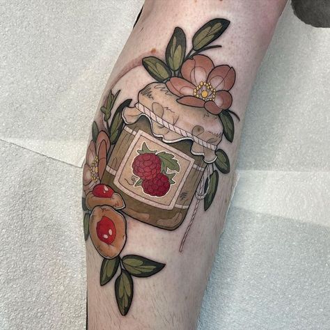 Cottagecore Tattoo, Jar Tattoo, Peach Tattoo, Fruit Tattoo, Garden Tattoos, Food Tattoos, Bff Tattoos, Incredible Tattoos, Food Illustration Art