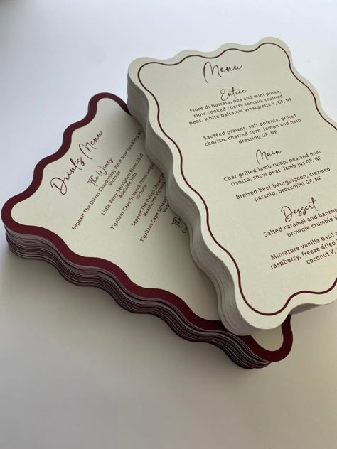 Thank you for visiting my shop 😊 Stunning wave Drink menu and Food menu Bundle. Burgundy and cream colour digital print. Listing is for both Food and Drinks menu :)  These beautiful Menus are 120 x 180mm and are die cut to a modern WAVE shape. I can die cut to any shape so please send me a message. There are examples on my Instagram page as well :) Digital colour print on a 400gsm velvet touch finish with double sided colour digital print - please note that the colour is a digital print so I ca Cool Wedding Table Ideas, One Menu Per Table Wedding, Pink Wedding Menu Cards, Custom Menu Design, Romantic Menu Design, Food Seating Chart Wedding, Menu Card With Name, Wedding Menu Aesthetic, Birthday Menu Design