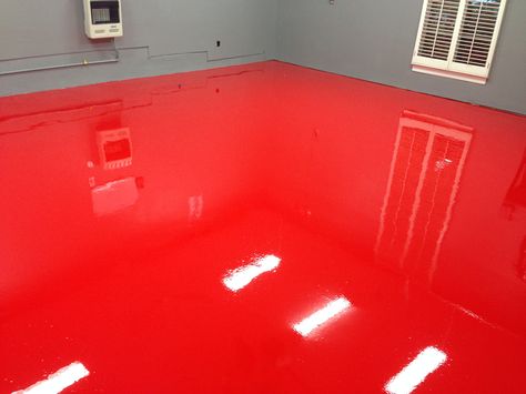 Red Epoxy Floor, Floor Paint Design, Shelf Painting, Polyurethane Floors, Epoxy Floor Paint, Car Ports, Work Shops, Garage Floor Mats, Garage Floor Paint