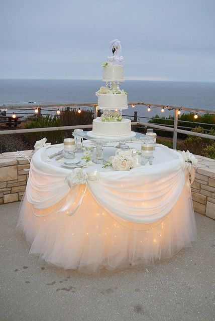 Lighting under dessert table would be nice for the cake table and especially for an evening wedding outside... Cake Table Decorations Quinceanera, Rustic Wedding Decorations, Cake Table Decorations, Wedding Cake Table, Table Skirt, Cake Table, Diy Wedding Decorations, Romantic Weddings, Here Comes The Bride