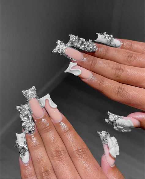 drilledbysosa on ig White Blinged Out Nail Sets, Wedding Ideas Nails, Acrylic White Nails With Design, Birthday Silver Nails, Birthday Nails 19 Year Old, Stiletto Silver Nails, Iced Out Nails, Birthday Nails Inspiration Extra, Acrylic Nail Designs Long Square Baddie