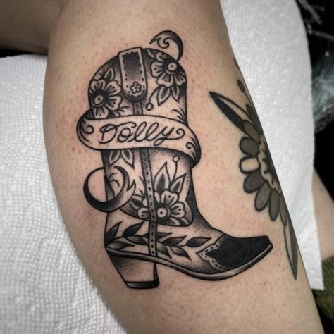 Dolly Tattoo, Dolly Parton Tattoos, Cowboy Boot Tattoo, Nashville Tattoo, Cowgirl Tattoos, Cowboy Tattoos, Country Tattoos, Arm Tats, Western Tattoos